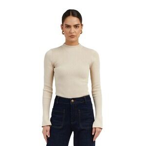 Dissh Womens Donna Ribbed Long Sleeve Knit Top Mock Neck Pullover Stone Small